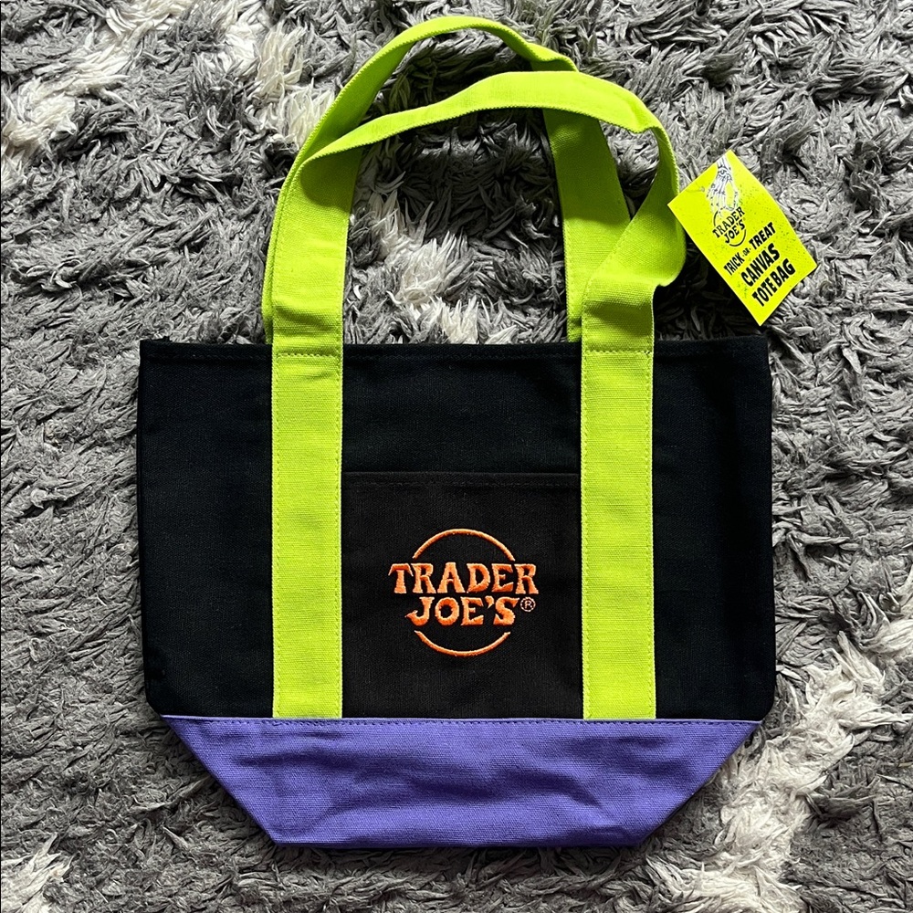 Trader Joe’s mini canvas tote. Halloween drop. Black w/ lime and purple. New.